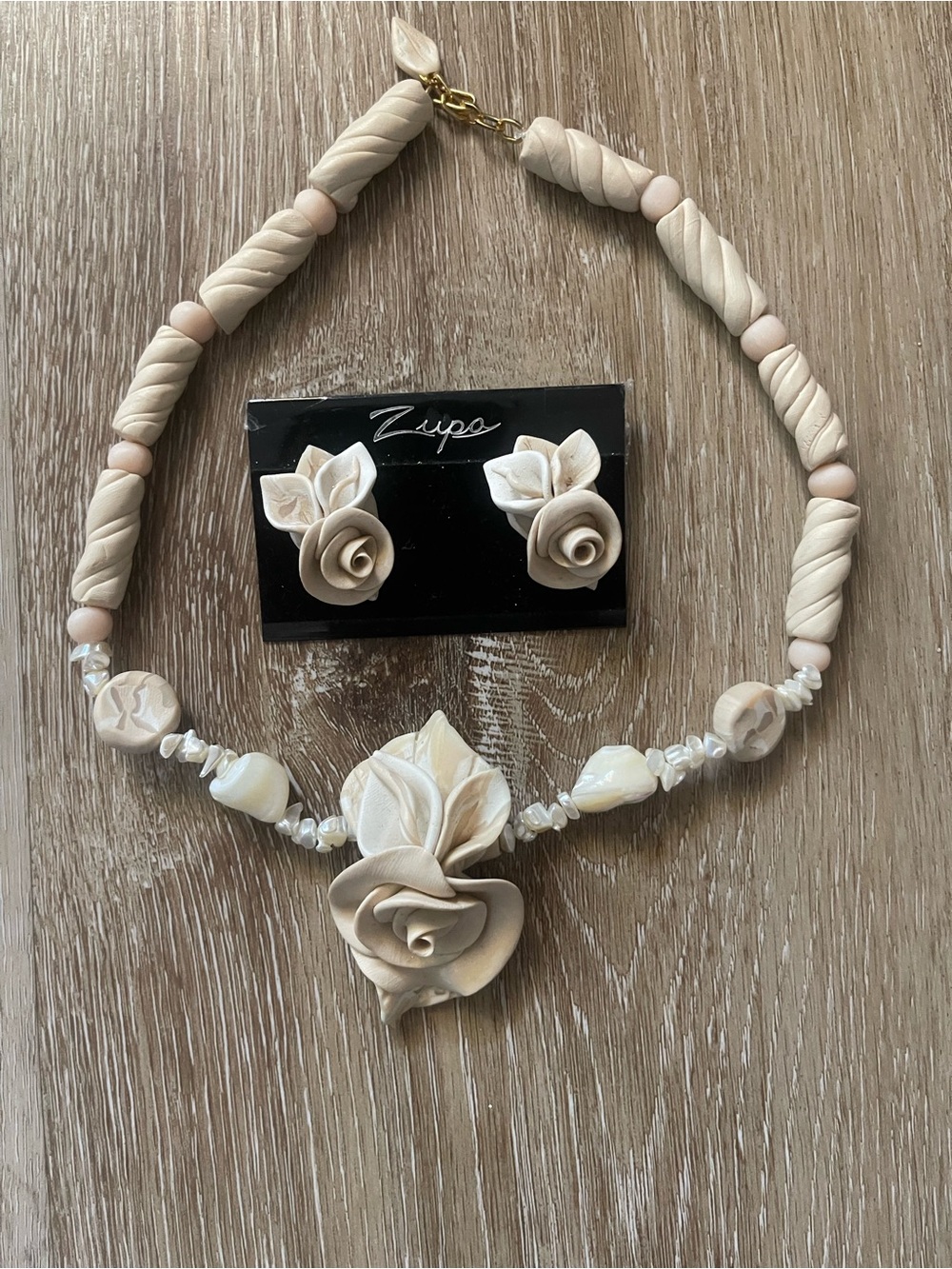 Beige Floral Statement Necklace and Earring Set Ivory